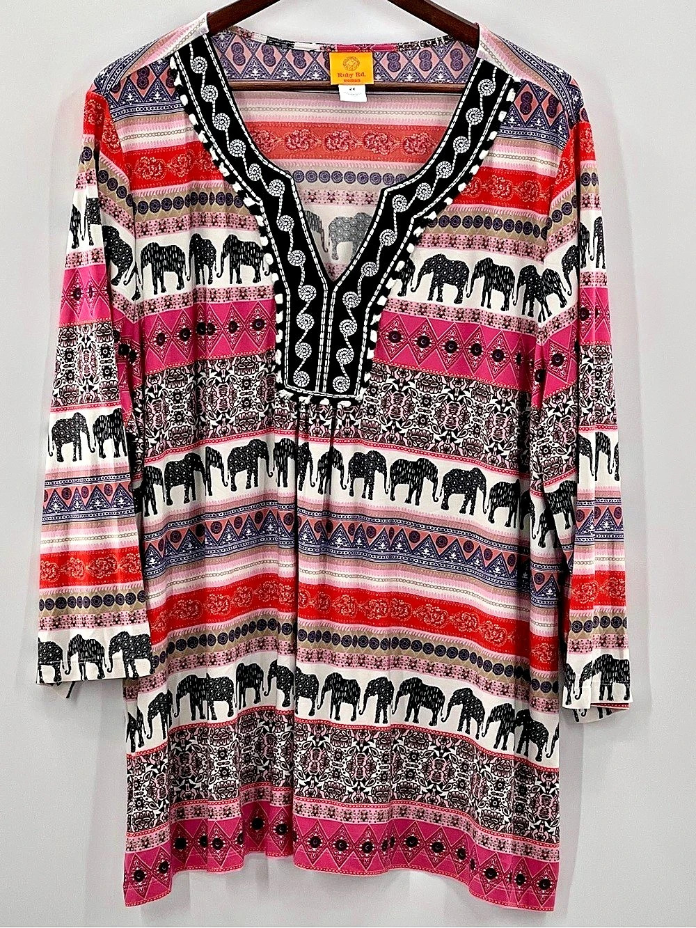 535 Ruby Rd. Printed Elephant Tunic Pink & Black Size 2X Like New